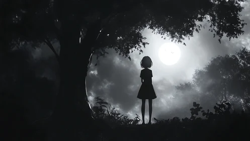 Moonlit loner girl beneath whispering forest canopy.