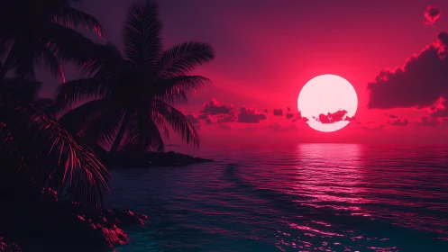 Synthetic tropical shoreline shows stylized sun over ocean