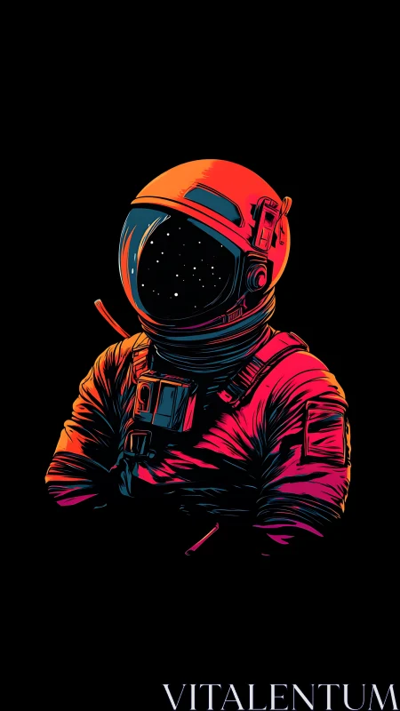 Neon-lit astronaut silhouette under star-filled visor glow.