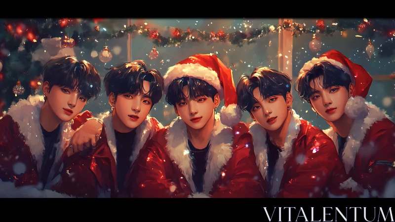 Five boys in Santa outfits in warm holiday scene.
