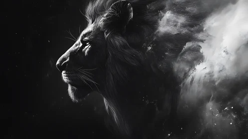 Monochrome lion profile dissolving into abstract mist.