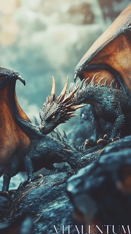 Detailed dragon pair on rocky ledge in misty light.