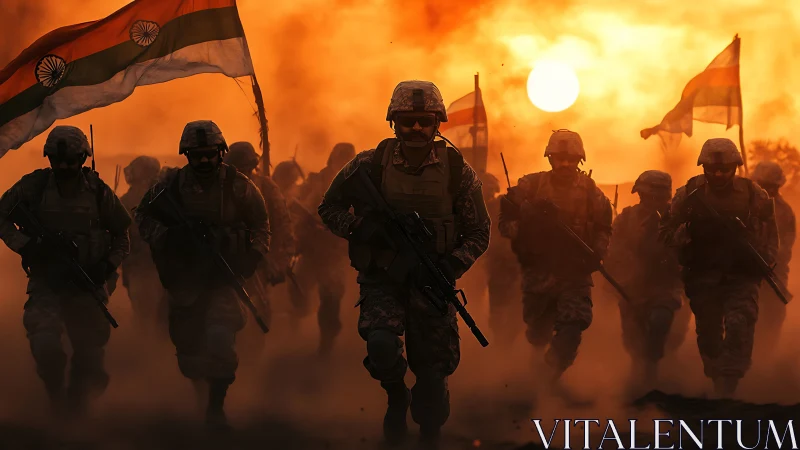 Indian soldiers advancing through dust at sunset during drill.