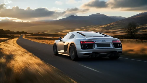 Silver supercar at golden-hour speeding through open highlands.