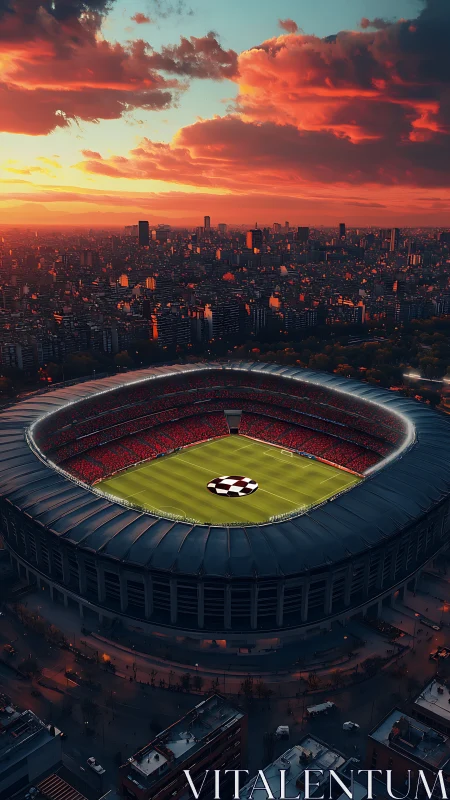Floodlit football stadium dominates dense city at sunset