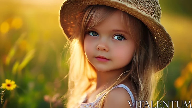 Child wearing straw hat in golden hour sunlight with wildflowers