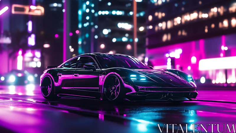 Neon-soaked electric coupe prowls through cyber city streets