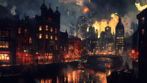 Moody riverside cityscape with glowing neon windows at dusk.