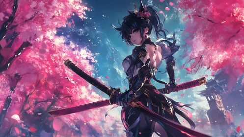 Armed female warrior under cherry blossoms in dusk landscape.