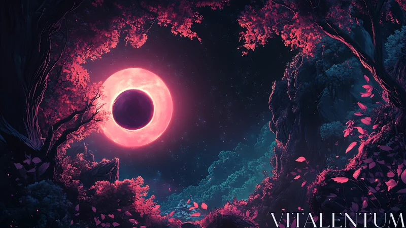 Moonlit eclipse glowing over a secret neon forest dream.