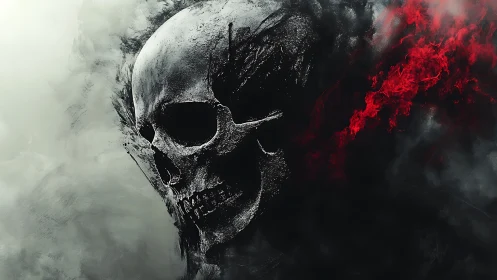 Textured skull emerging through smoke and scarlet flame.