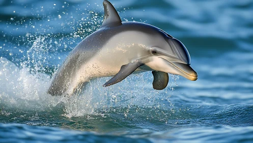 Dolphin leaps from ocean surface with water droplets suspended