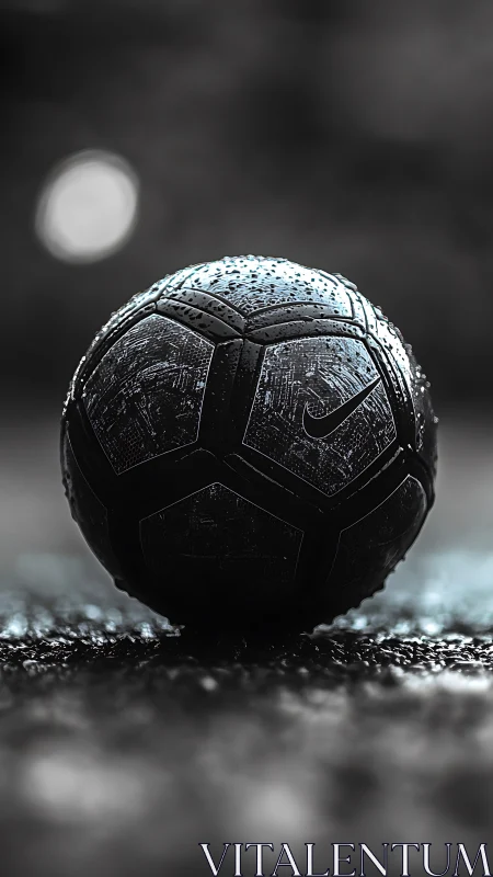Low-key wet soccer ball on textured ground with shallow depth