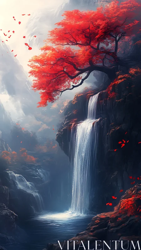 Crimson maple canopy over misted cliff waterfall pool