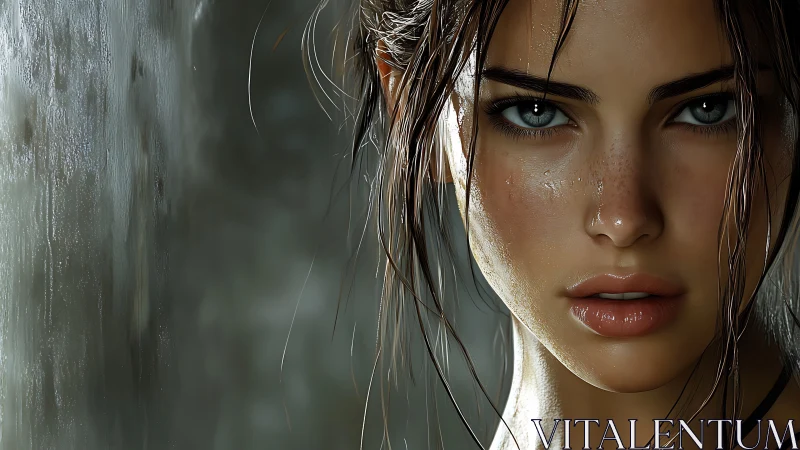 Storm-eyed survivor beneath silver rain, poised and unbroken.