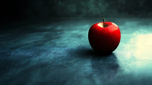Highly polished red apple stands on textured teal surface
