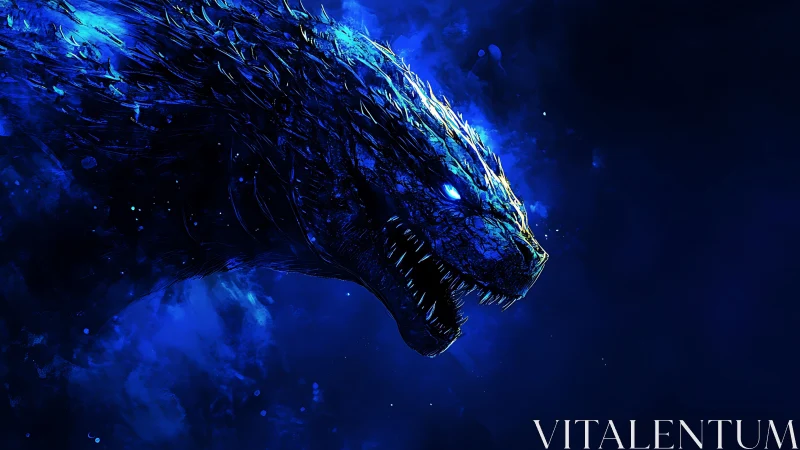 Bioluminescent kaiju head rendered in high-contrast blue values