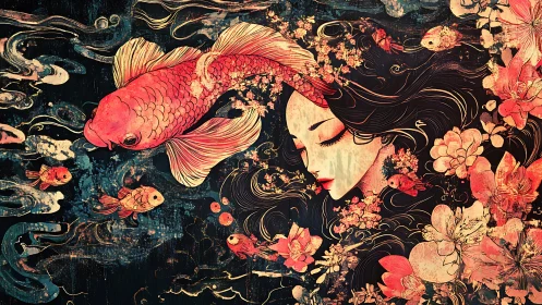 Digital painting of koi, florals and serene female profile composition.