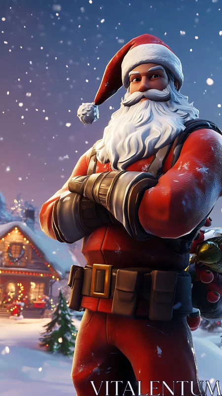 3D stylized Santa in tactical suit amid snowy chalet village