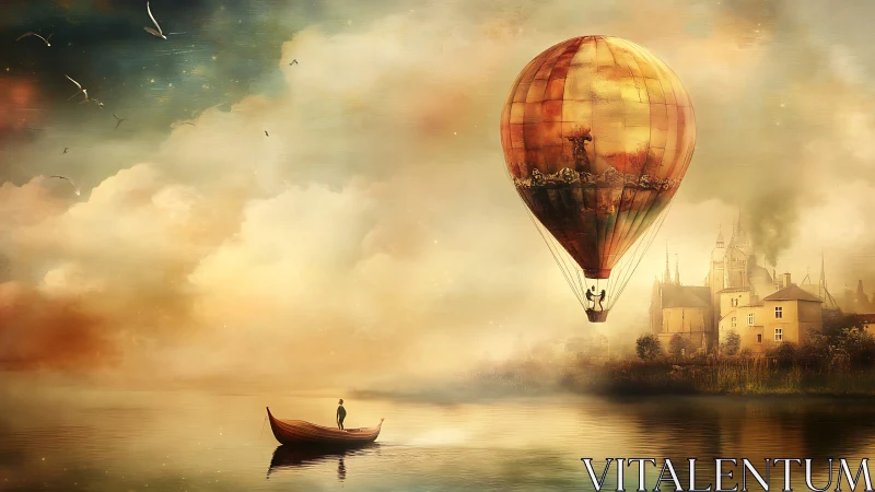 Solitary boat and vintage hot air balloon in misty lakescape