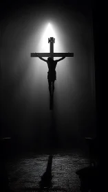 High-contrast crucifix silhouette under axial cathedral spotlight