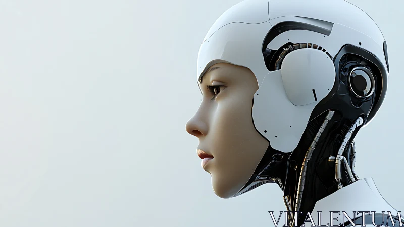 Futuristic female android gazes ahead in serene profile view
