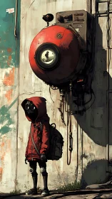 Hooded wanderer pauses beneath looming red orb machine.
