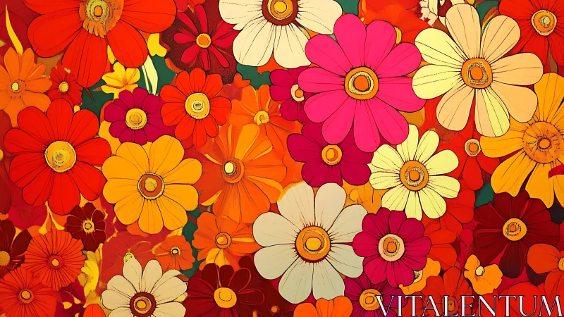 Bold digital illustration shows dense field of colorful flowers