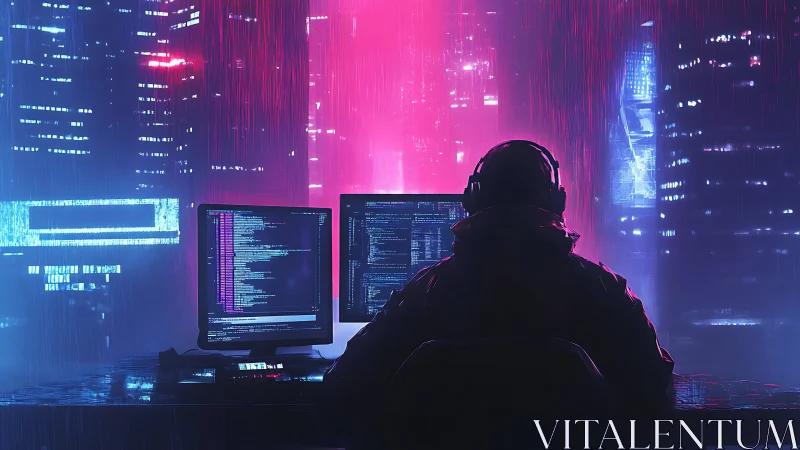 Lone coder at triple monitors in neon cyberpunk city night.