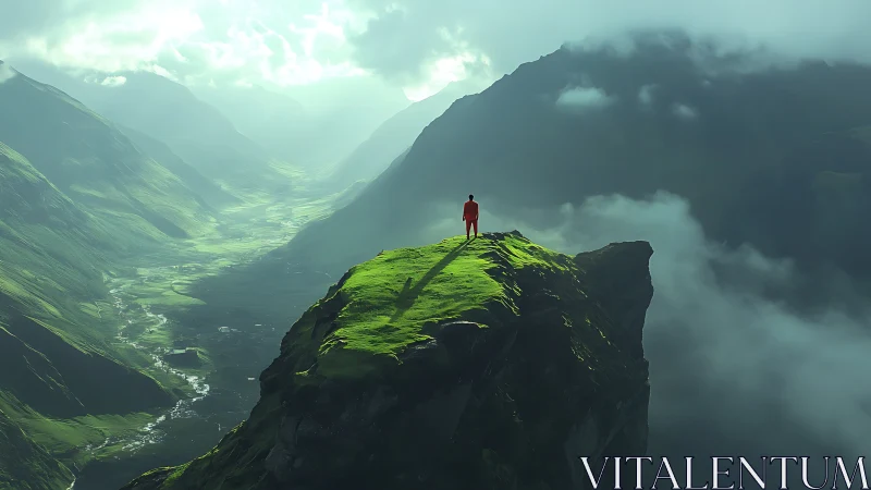 Solitary figure surveys sunlit alpine valley from high ridge