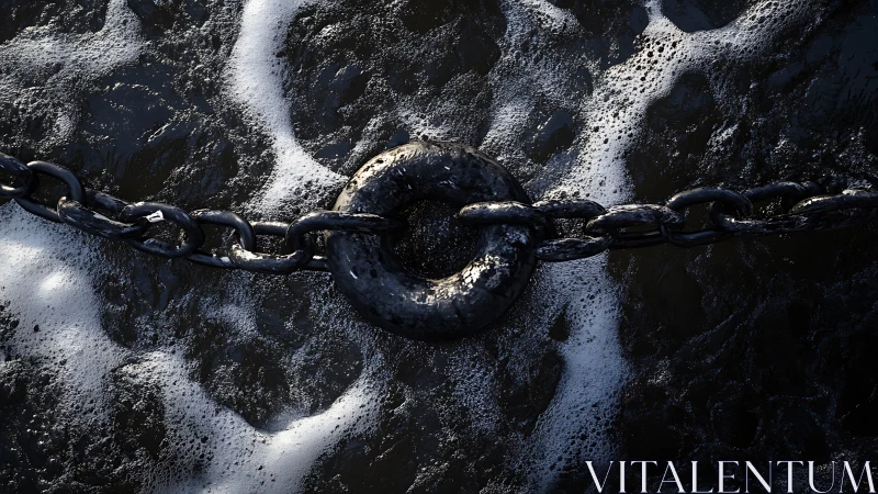 Metal chain and mooring ring intersect across foamed water
