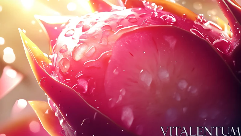 Hyperreal macro of dewy dragon fruit cross‑section surface.