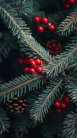 Red berries rest on blue spruce branches in soft focus