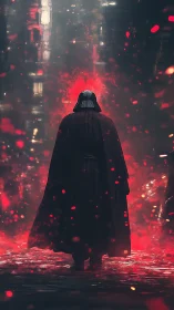 Dark armored figure stands in glowing red atmospheric haze