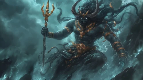 Mythic sea warlord with trident in storm-tossed maelstrom.