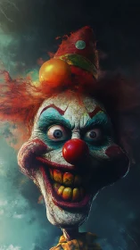 Grotesque clown portrait with exaggerated teeth, glare and decayed makeup
