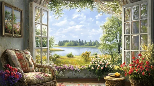 Interior wicker chair by open window overlooking lake view.