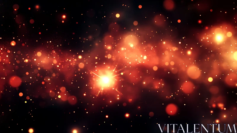 Luminous cosmic bokeh field with radiant orange starbursts.