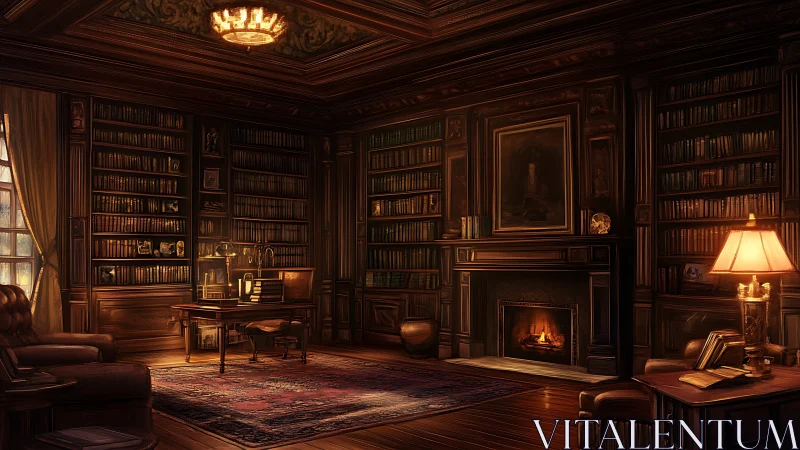 Warm wood paneled library with fireplace and desk interior.