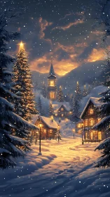 Snow-covered village street is illuminated by warm lights