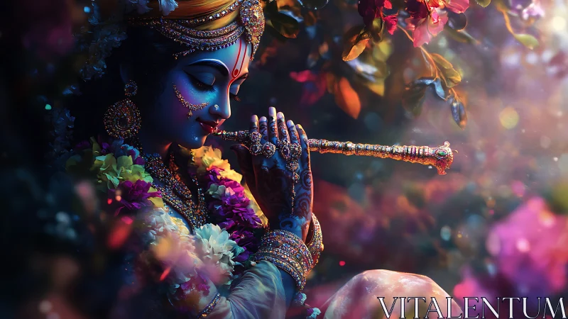 Ornate blue deity playing jeweled flute in floral bokeh field.