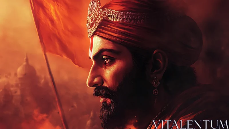 Warrior king profile amid blazing orange battlefield haze.