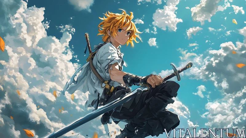 Skybound anime swordsman poised above drifting clouds.