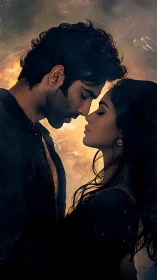 Silhouetted couple in intimate proximity with golden luminescence.