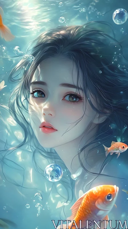 Underwater girl portrait with goldfish and drifting bubbles.