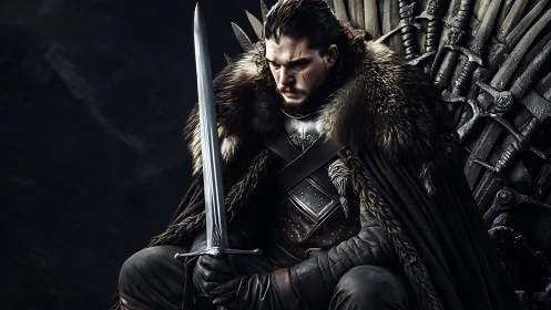 Medieval warrior in fur cloak seated on iron throne.