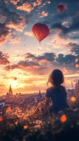 Dreamy city sunset with girl watching heart balloons.