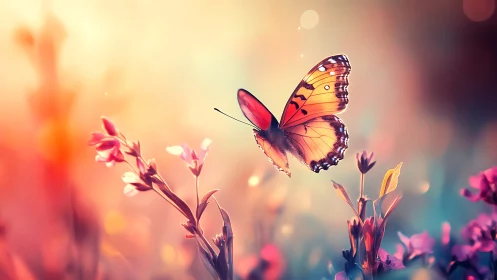 Gentle orange butterfly drifting through dreamy evening light.