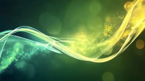 Glowing green and gold light waves drifting across darkness.