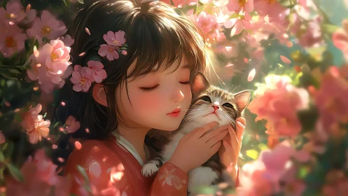 Digital painting of girl embracing kitten in floral bokeh field.